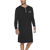 Yukiuiny Men Long Sleeve Nightshirt Knee Length Nightgown Cotton Sleep Shirt Lounge Wear With Chest Pocket