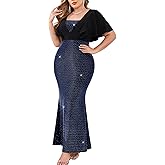 ZOMVA Women's Plus Size Sparkly Maxi Dress Ruffle Short Sleeve Bodycon Mermaid Gown Formal Cocktail Party Club Evening, Royal Blue, 2X