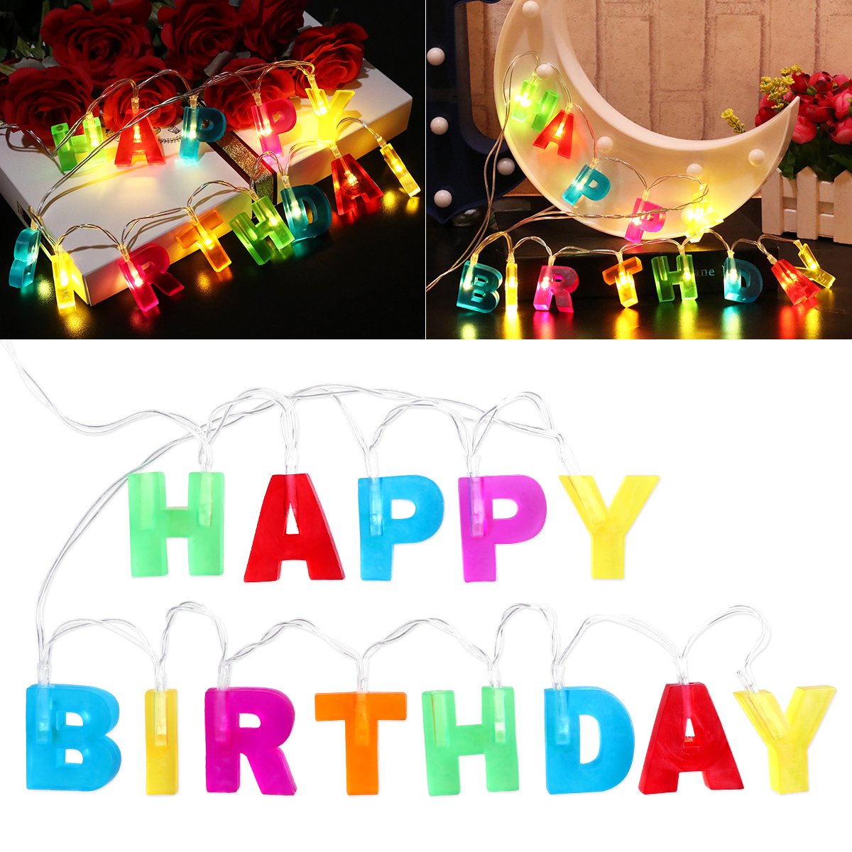 LEDMOMO Happy Birthday Lights - 51" 13 LED Letter Battery Operated String Lights for Indoor Christmas Birthday Party (Multi Color)
