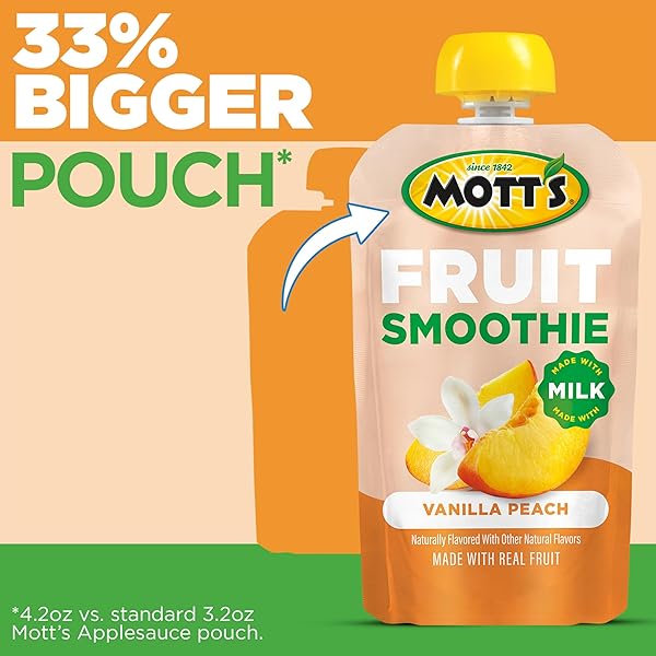 MOTT’S FRUIT SMOOTHIES VANILLA PEACH, 4.2 OZ CLEAR POUCHES, 8 PACK, MADE WITH MILK, MADE WITH REAL FRUIT, GOOD SOURCE OF CALCIUM, ON-THE-GO