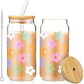 Cunhill 2 Sets Daisy Aesthetic Gifts, Iced Coffee Cup, Cute Glass Cups with Lids and Straws, Cute Mugs, Flower Mug, Glass Tumbler Flower Mug with Brushes for Teacher Women Lovers, Friend, Girls, Mom
