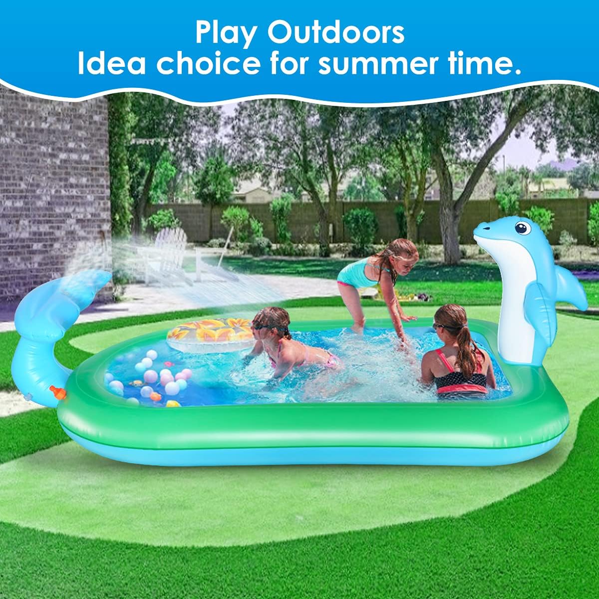 HALOFUNS Inflatable Sprinkler Pool for Kids, 75" x 26" Kiddie Pool with Splash, Dolphin Swimming Pool Sprinkler Pad Summer Outdoor Water Toys for Toddlers Girls Boys: Toys & Games