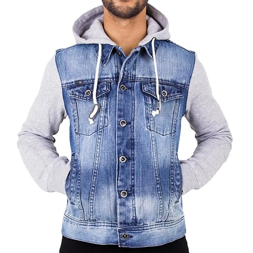 Arrested Development Mens Hooded Denim Jacket with Jersey Sleeves