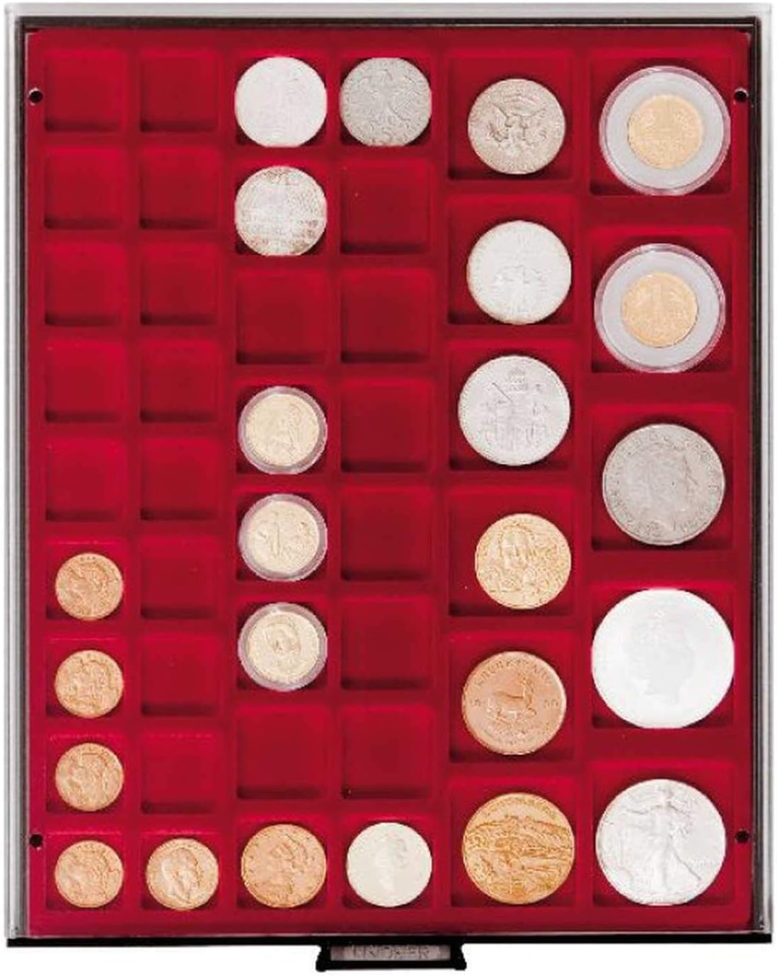 Lighthouse coin box 45 compartments with varying Ø, smoke coloured