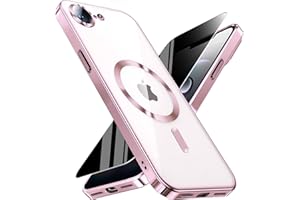 WEYNRBOX Magnetic for iPhone 16e Case with Privacy Screen Protector & Full Camera Cover,[Non-Yellowing] Plating Glossy Soft Shockproof Clear Phone Case with MagSafe Women Girls for 16 e,Pink