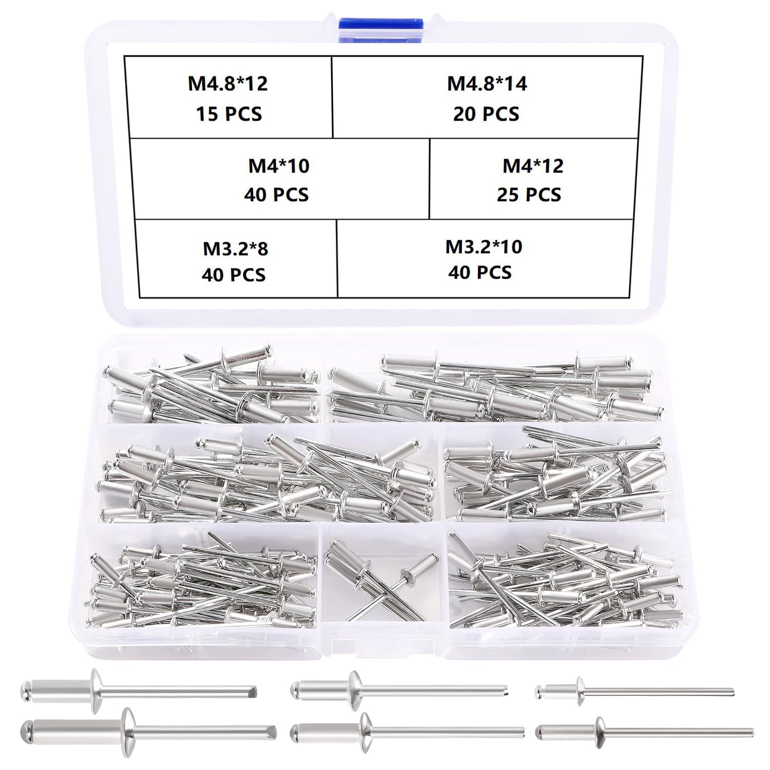 YIXISI 180 PCS 6 Sizes M3.2 / M4 / M4.8 Dome Blind Rivet Kit, Metal Rivets Pull Pop Rivets, Aluminium Pop Rivets Large Flange, for Fixing Component Construction Fasteners Furniture
