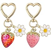 HUAAPLEVLA 2Pcs Acrylic Strawberry Keychains for Women Cute Bag Charms Fruit Keychain with Daisy Flower Pendant and Heart Clasp for Backpack Decoration Purse Charm