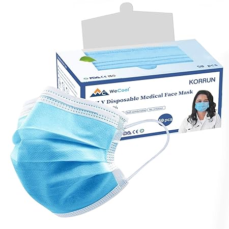 WeCool KORRUN 3 ply Disposable Face Mask 3-Layer Medical Masks with Elastic Ear Loops, Non
