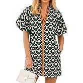 Wenrine Womens Summer Dresses Casual Floral Puff Sleeve V Neck Boho Loose Beach Mini Dress with Pockets
