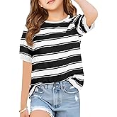 Haloumoning Girls Striped Short Sleeve T Shirts Kids Summer Casual Tops Crewneck Tees Blouses 5-14Y