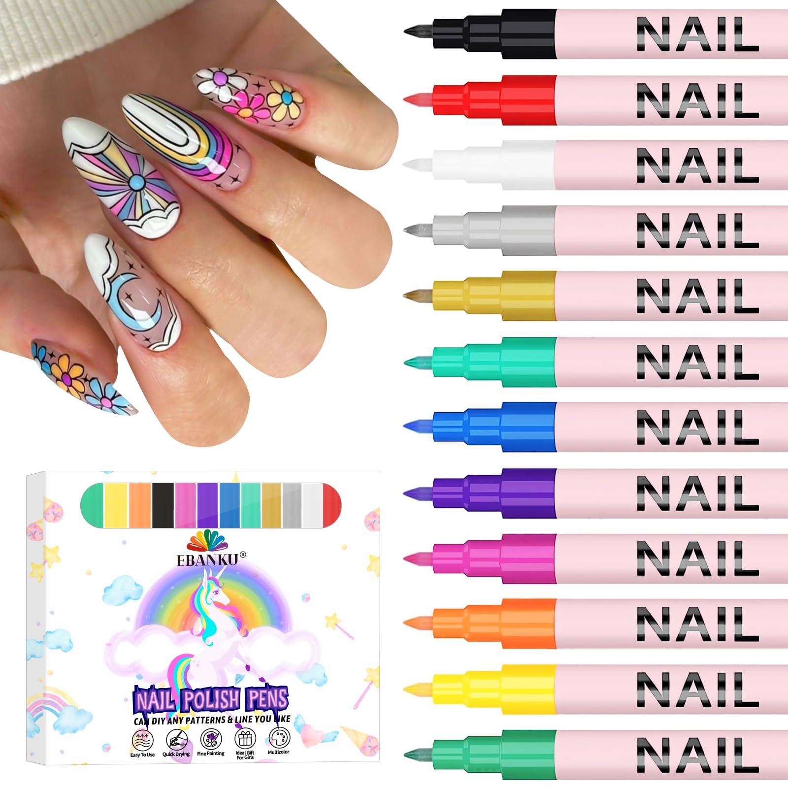 Photo 1 of EBANKU 12 Colors Nail Art Pens Set, 3D 0.7MM Nail Polish Pens Quick-Drying Nail Art Acrylic Paint Nail Point Dotting Liner Pen Tools for Home & Salon Nail DIY
