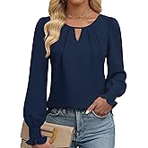 YZEGGO Womens Long Sleeve Tops Dressy Casual Keyhole Blouses Pleated Tops 2025 Trendy Basic Work Shirts