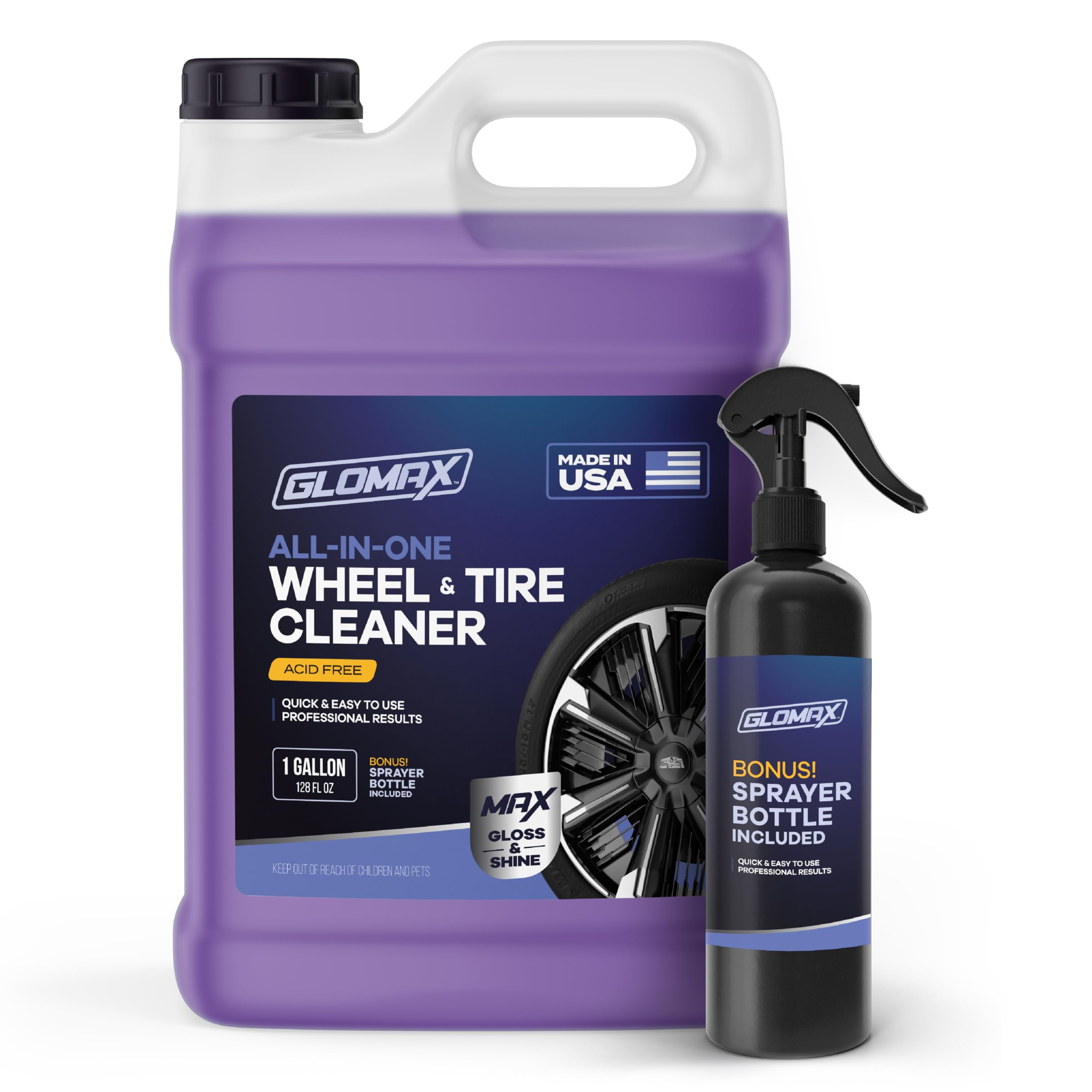 Photo 1 of GLOMAX Wheel Cleaner (1 Gallon) - Non Acid Rim Cleaner - All in One Wheel and Tire Cleaner for Car Detailing - Made in USA Tire Cleaner Spray - Removes Brake Dust, Oil, Dirt, Light Corrosion