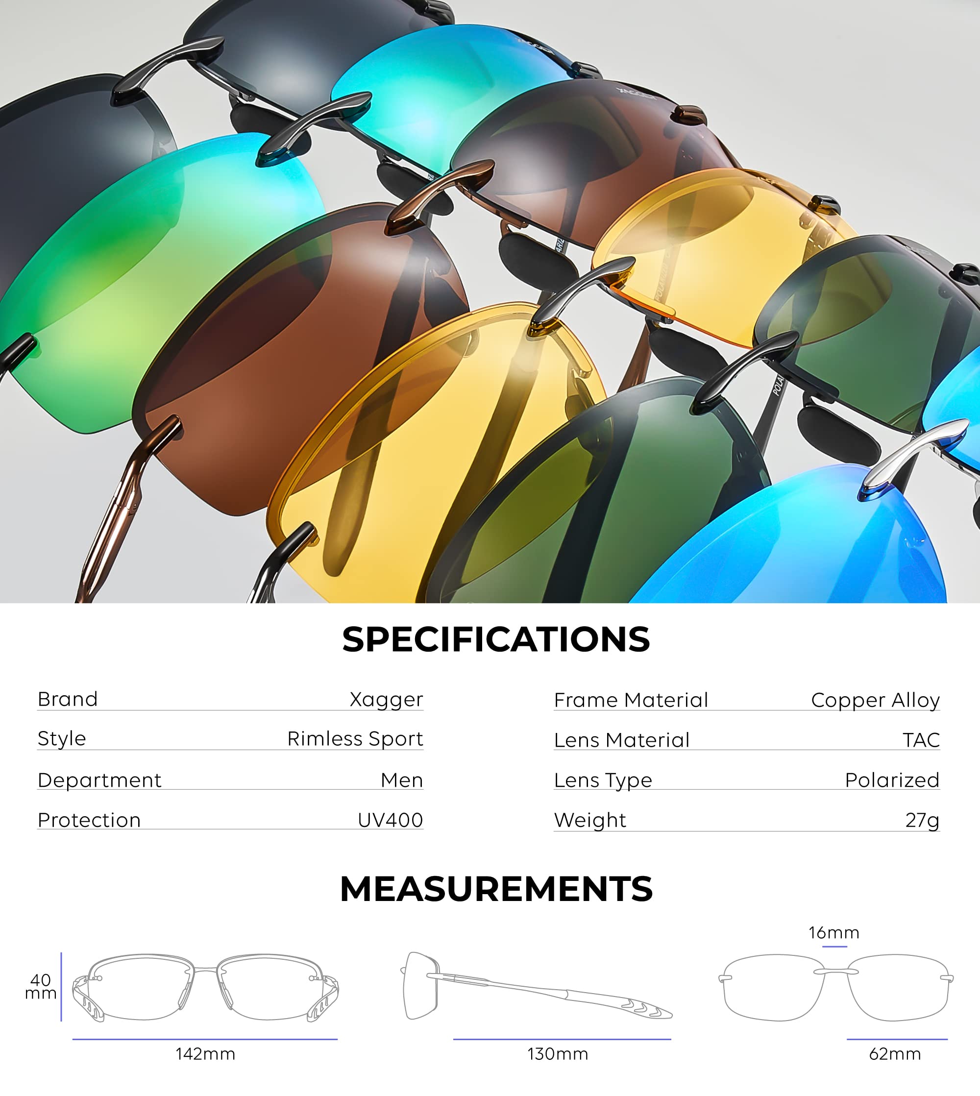 Xagger Polarized Driving Sunglasses for Men Rimless Metal Frame UV400 Protection Sun Glasses
