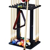 Pool Stick Holder with Multiple Storage, Floor-Standing Pool Cue Rack for 10 Cues, Pool Balls and Accessories, Wooden Billiard Equipment Storage Organizer for Billiard Room, Pool Table, or Game Club