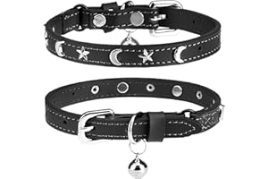 DILLYBUD Leather Cat Collars for Boy Girl Cats with Bell and Safety Elastic Belt, Personalized Star and Moon Stud Adjustable Safe Buckle Collar for Kitty Small Big Cats Size 7-9 Inch, Black