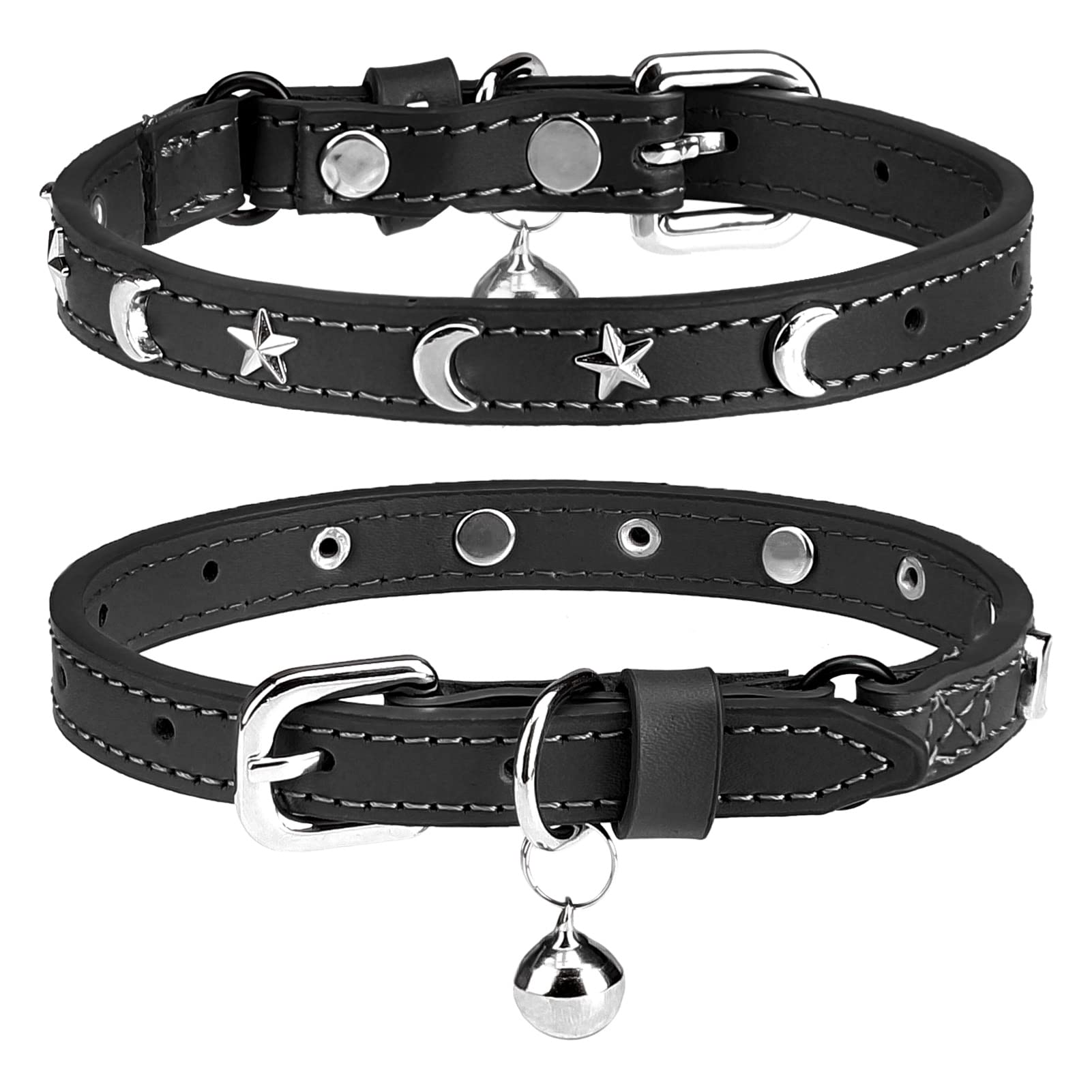 DILLYBUD Leather Cat Collars for Boy Girl Cats with Bell and Safety Elastic Belt, Personalized Star and Moon Stud Adjustable Safe Buckle Collar for Kitty Small Big Cats Size 8-12 Inch, Black