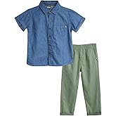 DKNY Toddler Boys Pants Set - 2 Piece Short Sleeve Boys Button Down Shirt and Canvas Pull On Kids Pants Toddler Clothes