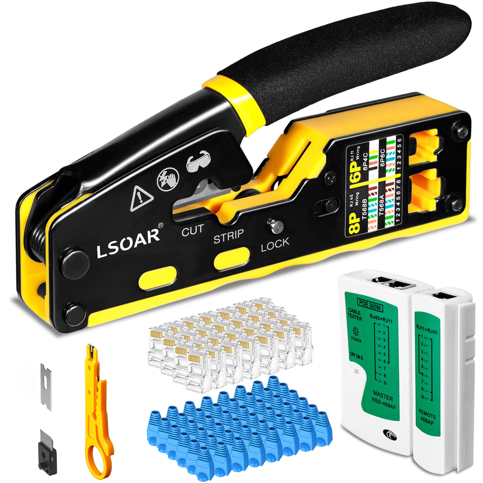 Lsoar Rj45 Crimp Tool Kit Ethernet Crimping Tool Kit for Cat5 Cat5e Cat6 Rj45 Connector Pass Through Rj45 Crimper with 50PCS Covers and 50PCS Connectors Mini Stripper Network Cable Tester