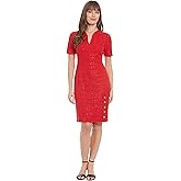 London Times Womens Elegant Short Sleeve V-Neck Sheath Dress - Knee Length with Gold Button Detail - Versatile Cocktail Dress