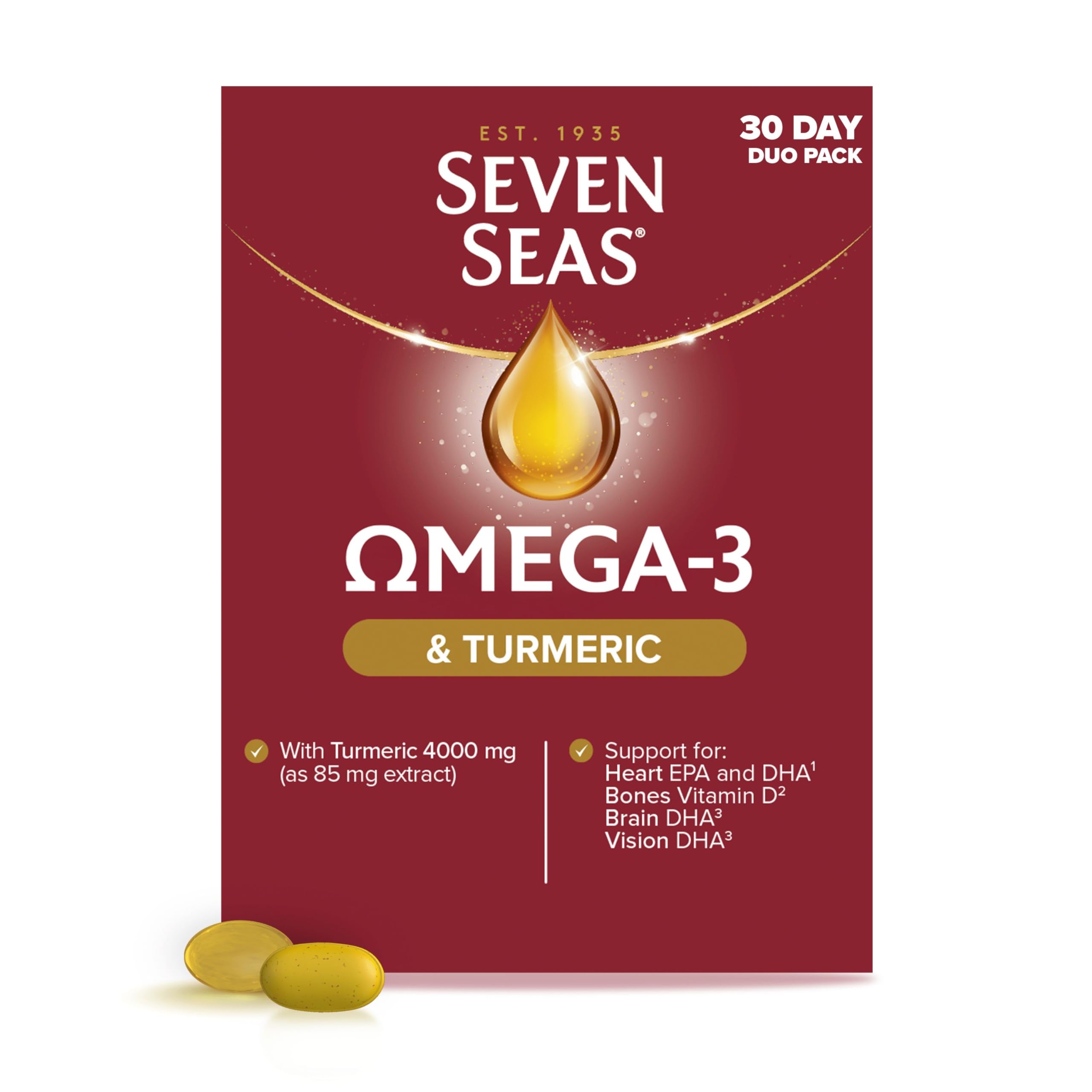 Seven Seas Omega-3 Fish Oil and Turmeric, Omega-3 Plus Vitamin D for Whole Body Healthplus, Duo Pack: 30 Capsules Plus 30 Tablets, 1 Month Supply