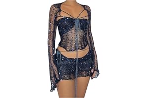Momasggi Womens Sexy Skirt Sets Two Piece Outfits Glitter Sequins Crochet Sweater Set Long Sleeve Cropped Top Mini Skirt Set