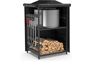 Lezbanz Storage Station for Solo Stove Bonfire, Yukon, Ranger, Firewood Rack Outdoor with Cover, Storage Rack for Fire Pit Accessories, with Waterproof Cover, Adjustable Shelf, Iron Black