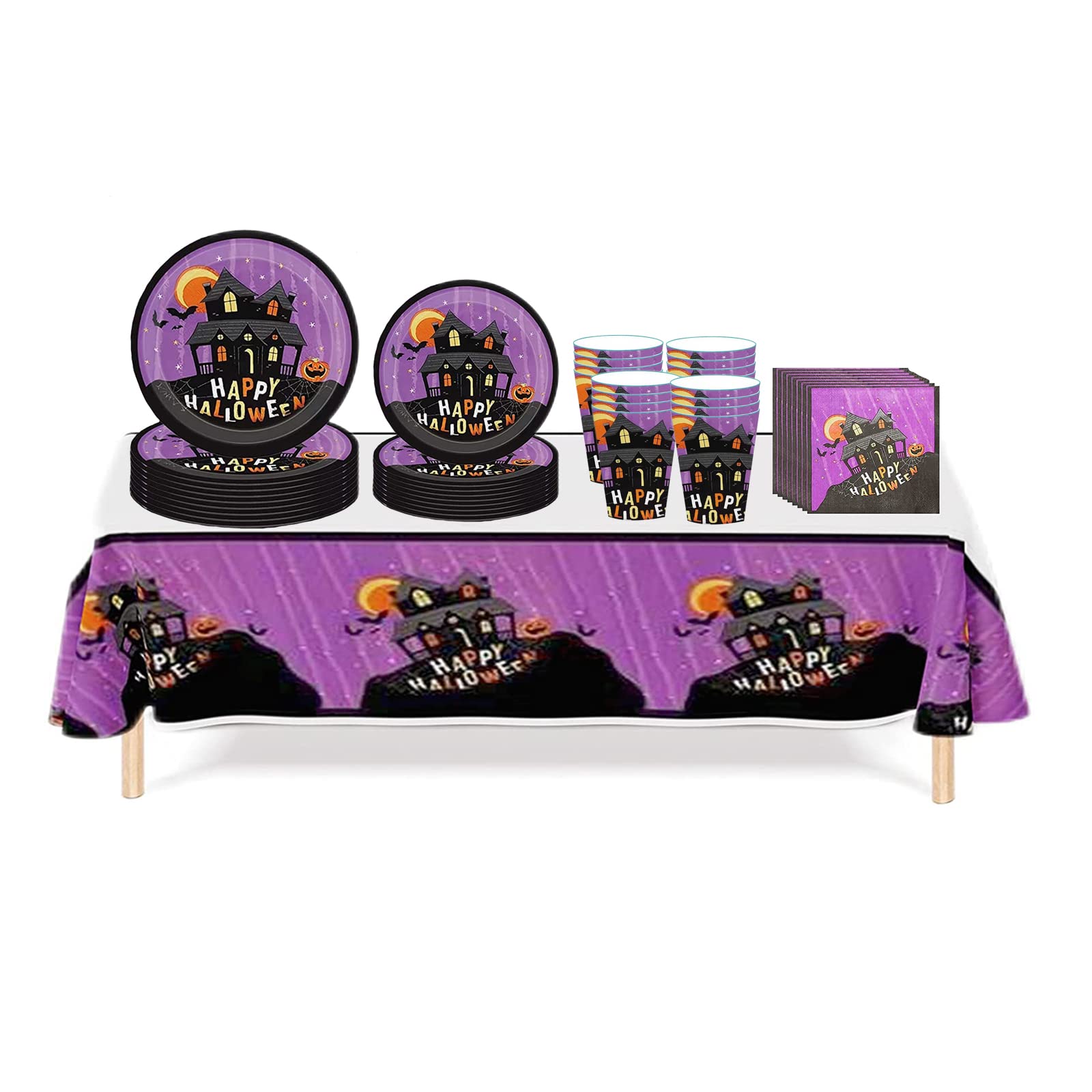 Halloween Party Tableware Set 16 Guests,Halloween Disposable Dinnerware Set Halloween Tableware Decor with Plastic Tablecloth,Paper Plates Napkins and Cups for Halloween Party Supplies Decorations