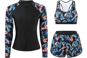AUBIG Women's 3 Piece Swimsuit Floral Printed Push Up Bikini Set with Long Sleeve Rash Guard High Waist Beach Wear