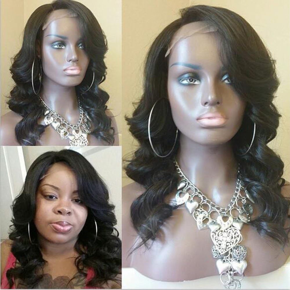 Brazilian Virgin Full Lace Human Hair Wavy Wigs for Black Women 130 Density Glueless Wavy Lace Front Wig with Side Bangs (14 inches, lace front wig)