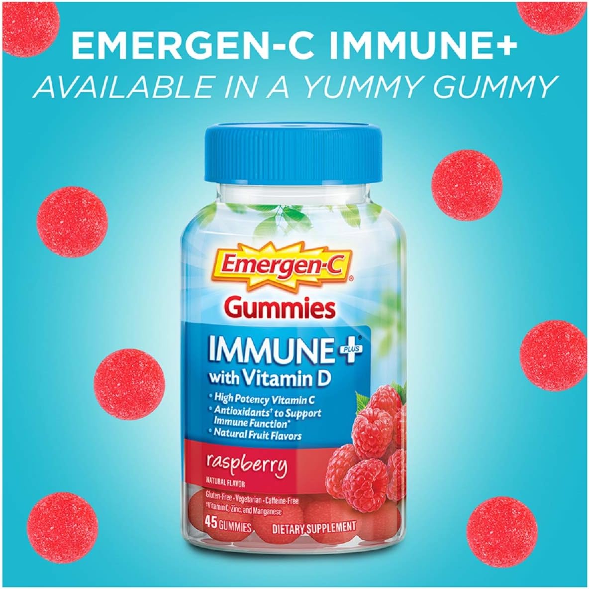 Emergen-C Immune+ Immune Gummies, Vitamin D Plus 750 mg Vitamin C, Immune Support Dietary Supplement, Caffeine Free, Gluten Free, Raspberry Flavor - 45 Count: Health & Personal Care