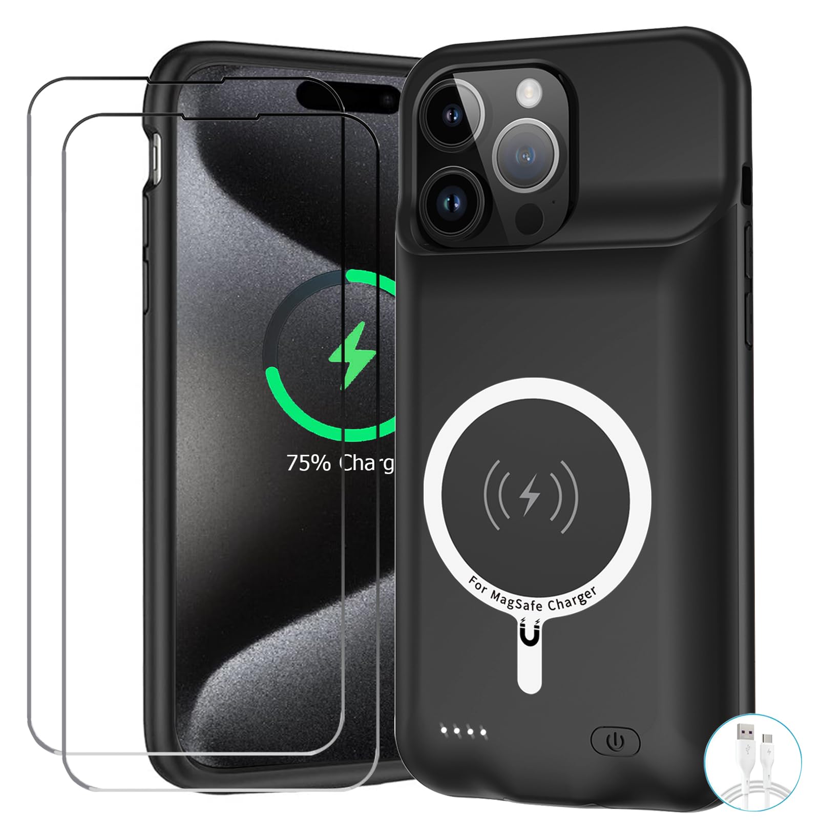Battery Case for iPhone 15 Pro, Upgraded 10000mAh Battery Pack Rechargeable Charger Case with Carplay Wireless Charging Compatible for iPhone 15 Pro(6.1 inch) External Battery Charging Cover(Black)