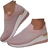 Women's Rhinestone Mesh Sneaker Slip-On Fashion Orthopedic Wedge Lightweight Walking Shoes