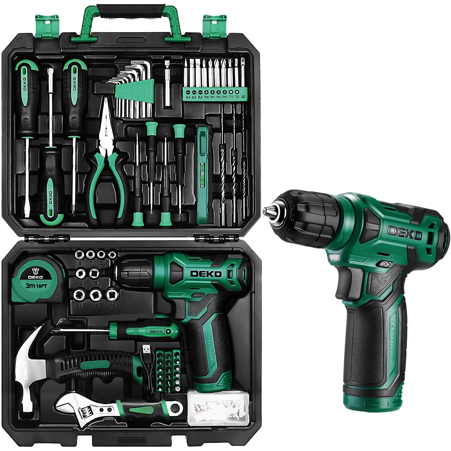 Tool Kit: DEKO Drill Set with Cordless Drill, Tool Kit Set Box, DIY Hand Tools for Men and Home, with 8V Electric Drills,126 Piece (Green) — image 1