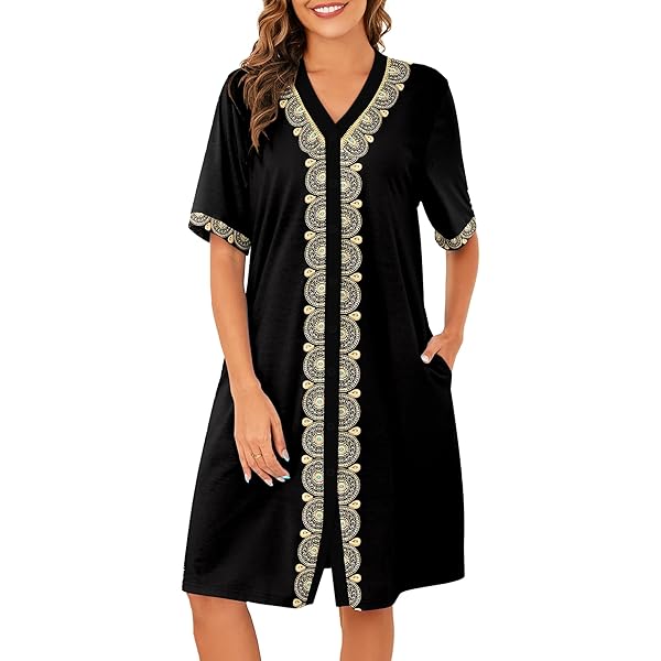cotton house dresses with pockets Ekouaer Nightgowns for Women Cotton House Dress with Pockets Short Sleeve Mumu Dress Embroidered Lounge Dress