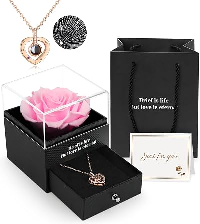 ADAZ Preserved Real Rose Gift Box with I Love You Necklace Handmade Eternal Rose