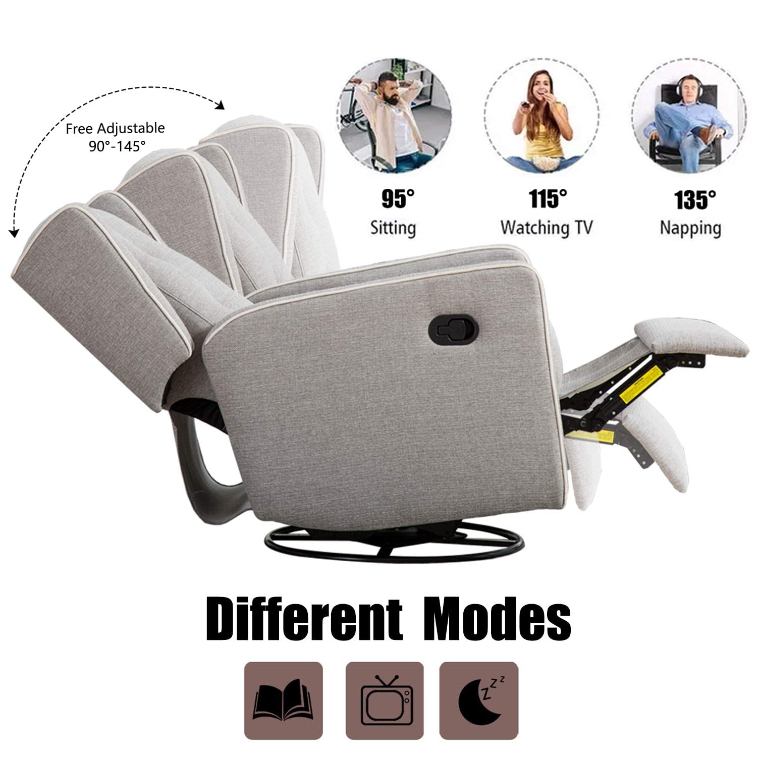 Swivel Rocker Recliner Chair, Nursery Glider Chair, Nursery Rocking Chairs, Manual Reclining Chair, Grey