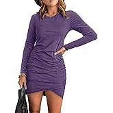 AUXDIO Women Bodycon Long Sleeve Dresses Casual Ruched Wrap 2026 Spring Fall Party Club Mini Dress