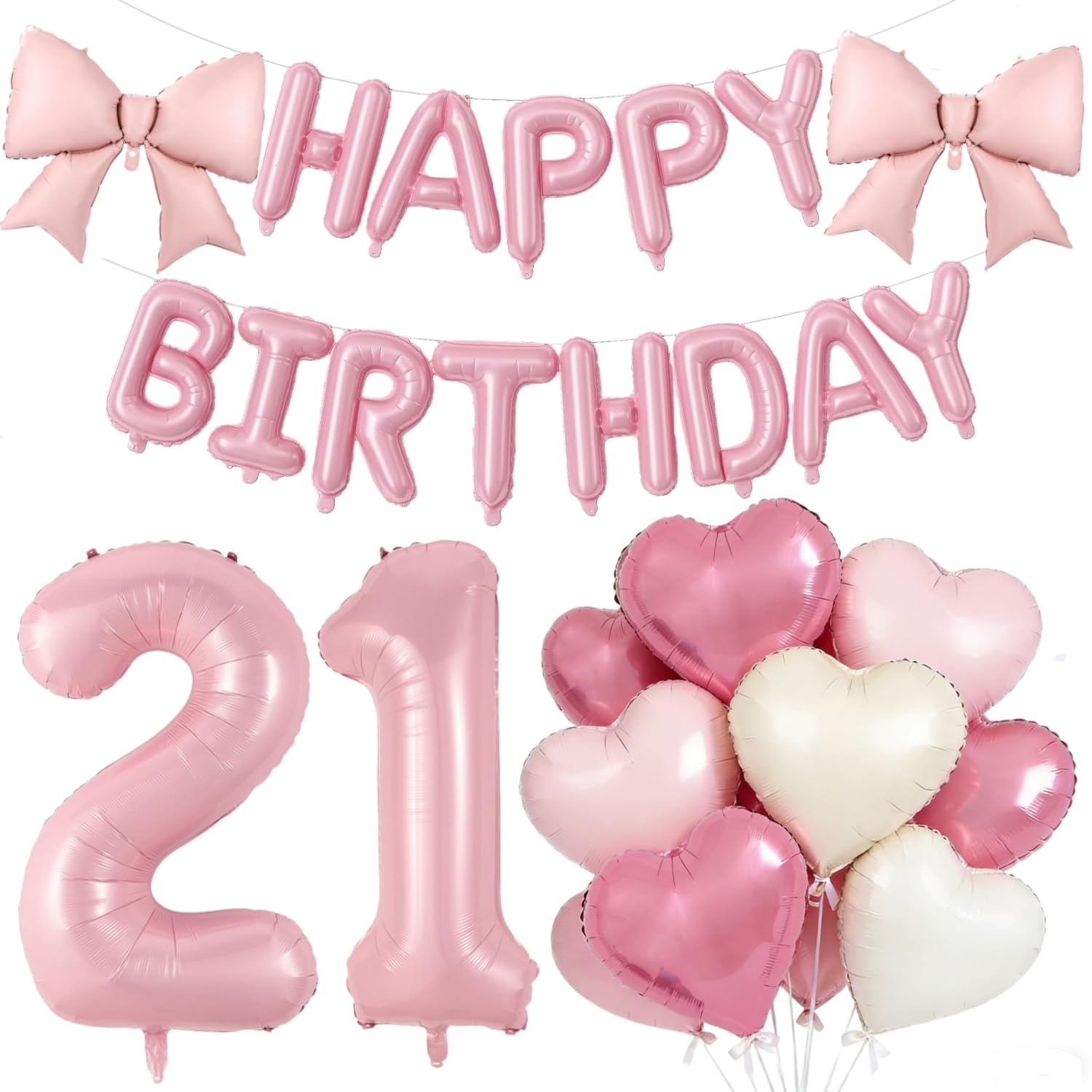 Pink Happy 21st Birthday Decorations, Large 21 Number Foil Balloon 21 Inch Pink Bow 16 Inch Happy Birthday Letter Balloons Banner with 18 Inch Heart Balloons for 21 Year Old Girls Party