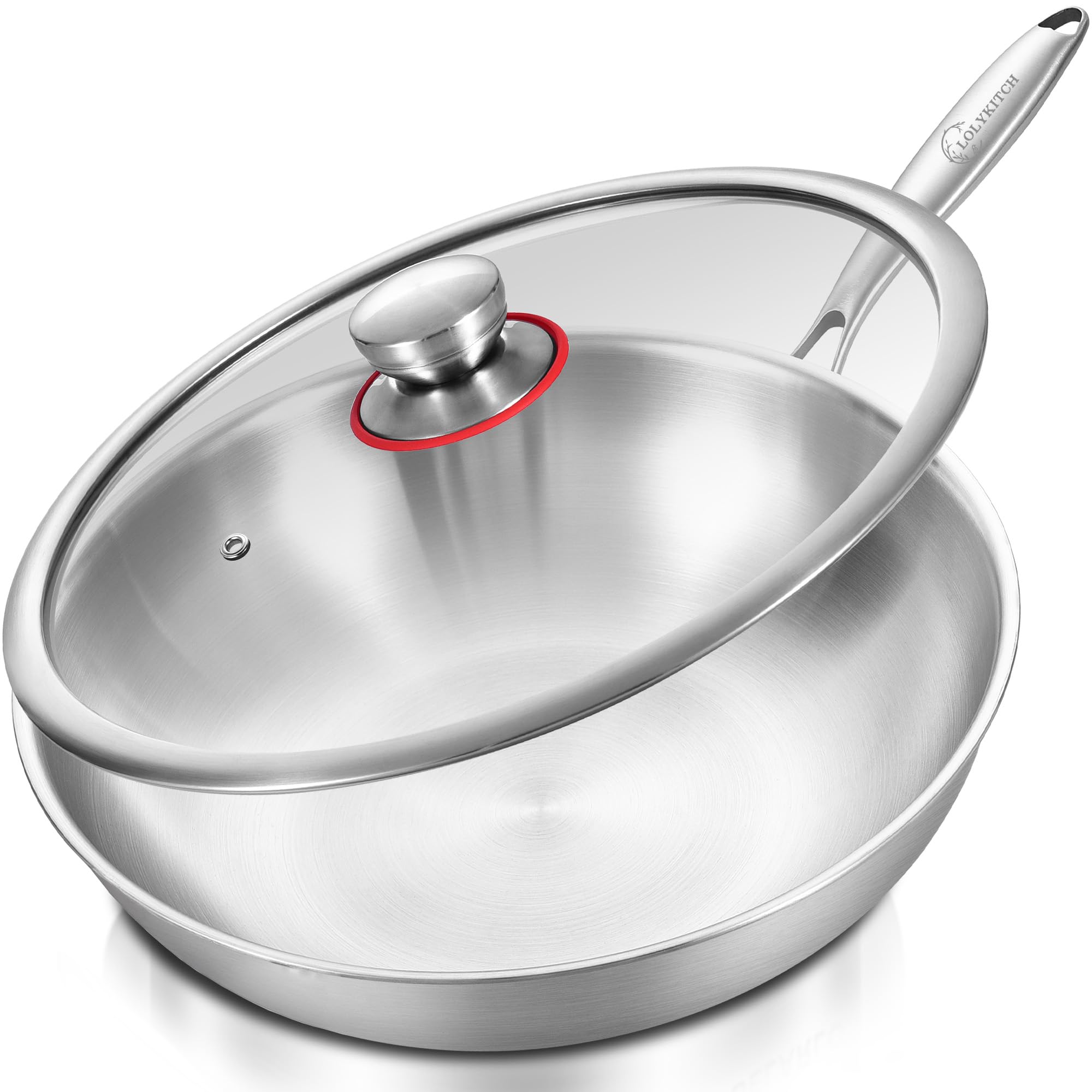 Photo 1 of LOLYKITCH Tri-Ply 13 Inch Stainless Steel Wok Pan with Lid, Stir-Frying Pan,Induction Wok,Dishwasher and Oven Safe,Heavy Duty and Detachable handle.
