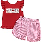 Lucikamy 4th of July Baby Girl Clothes Fly Sleeve Smocked T-Shirt Top Plaid Ruffle Shorts Set Summer Toddler Outfits