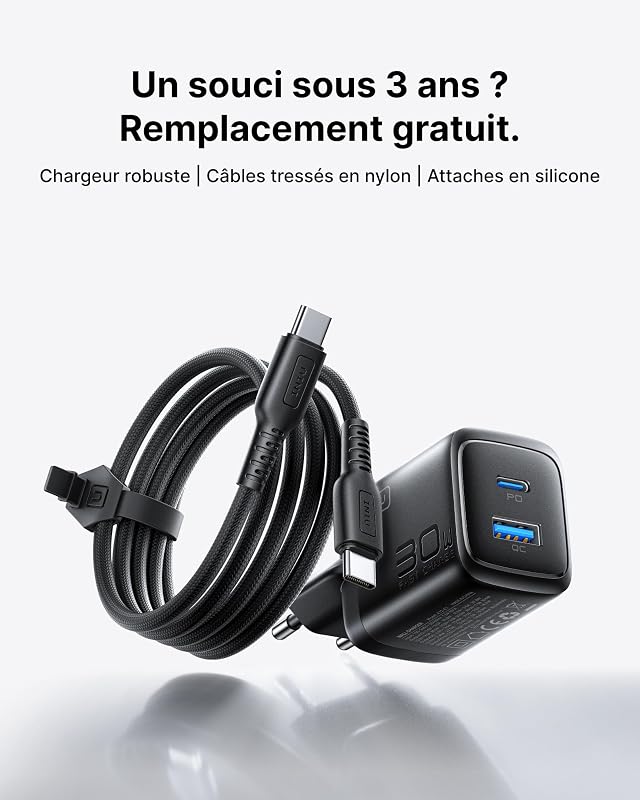 30W Chargeur USB C, 2-Port Prise GaN Chargeur Charge Rapide avec Câble