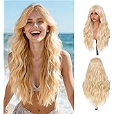 Long Mixed Blonde Wavy Wig with Curtain Bangs for Women 26 Inch Heat Resistant Synthetic Wig Natural Looking Ombre Blonde Wavy Hair for Daily Wear, Party, Cosplay, Halloween