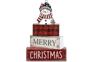 Lineshading 4 Pcs Christmas Table Decoration Wooden Snowman Christmas Tiered Tray Decor Red Buffalo Plaid Block Signs Snowman Table Centerpiece Farmhouse Winter Decoration for Home Kitchen Shelf