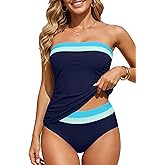 Daci Bandeau Tankini Swimsuits for Women - Two Piece Ruched Tummy Control Bathing Suit Strapless Swimwear with Bottom