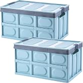 Lidded Storage Bins 2 Pack 30L Collapsible Storage Box Crates Plastic Tote Storage Box Container Stackable Folding Utility Crates for Clothes, Toy, Books ,Snack, Shoe, and Grocery Storage Bin-Blue