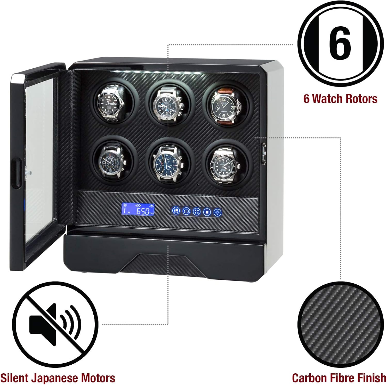 BARRINGTON Automatic Six Watch Winder for 6 Watches with Quiet Japanese Motors, Black - 6 Slots - Image 3