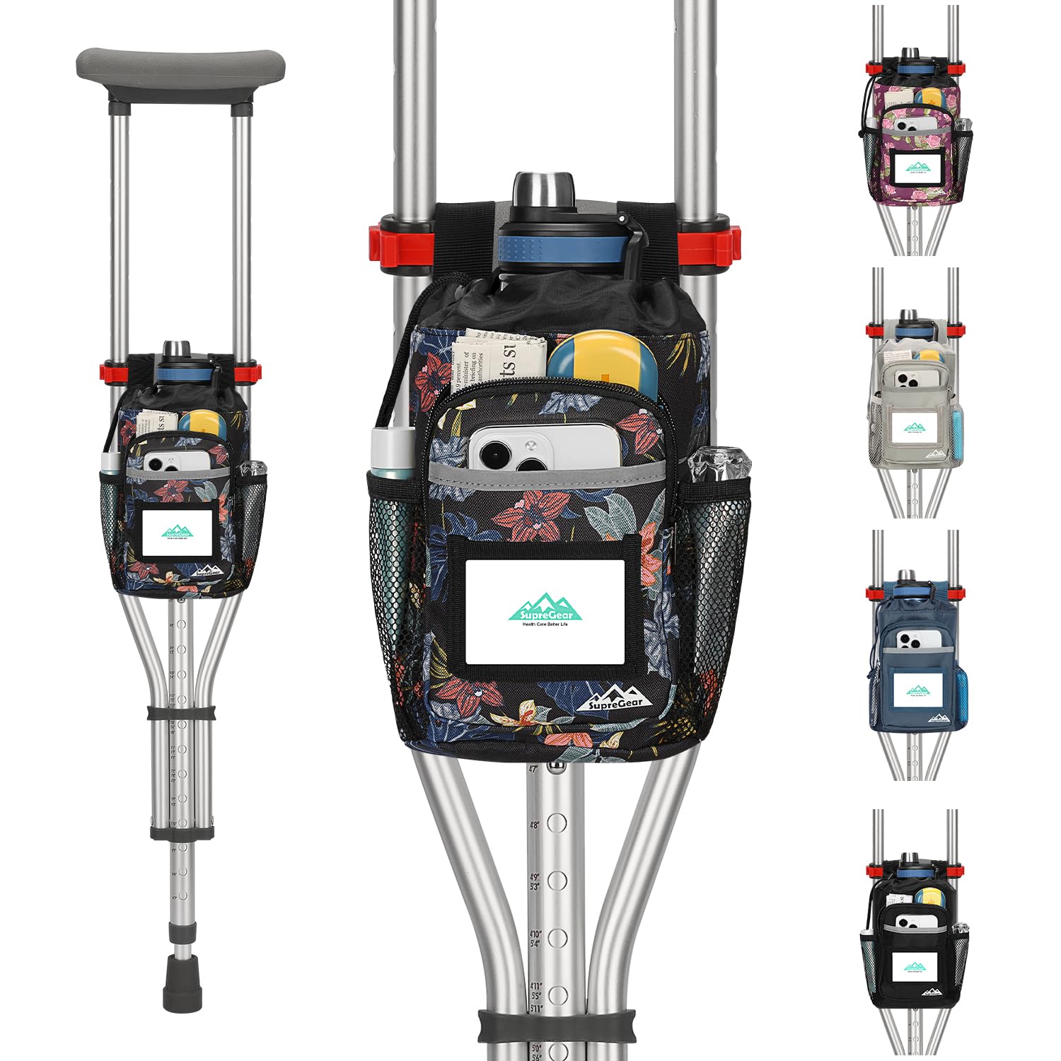 supregear Crutch Accessories Bag, Water-Resistant Storage Pouch with Cup Holder and Multiple Pockets, Large Capacity Organizer for Underarm Crutches, Black Floral