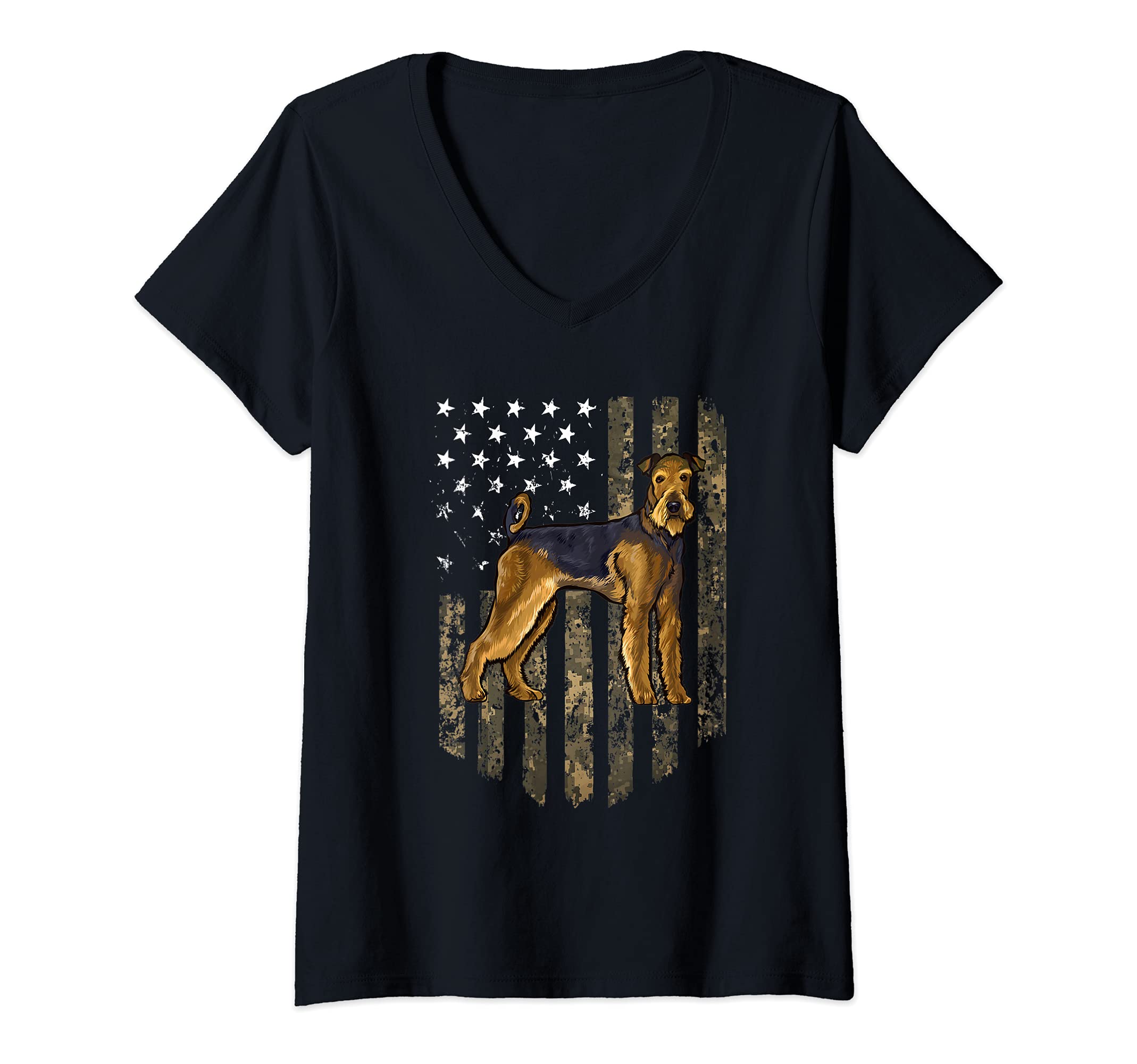 Womens Camo American Flag Airedale Terrier 4th Of July USA V-Neck T-Shirt