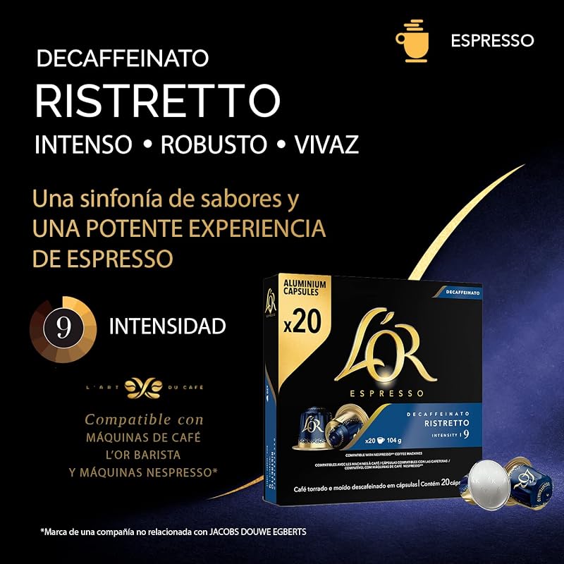 L'or café espresso cápsulas ristretto decaffeinato | intensidade 9 | 200 cápsulas compatíveis com nespresso (r)* - exclusivo da amazon